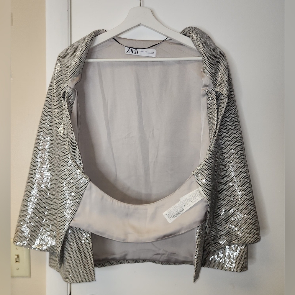 ZARA Silver Sequin Cape Blazer Jacket Metallic Size L - Picture 6 of 14